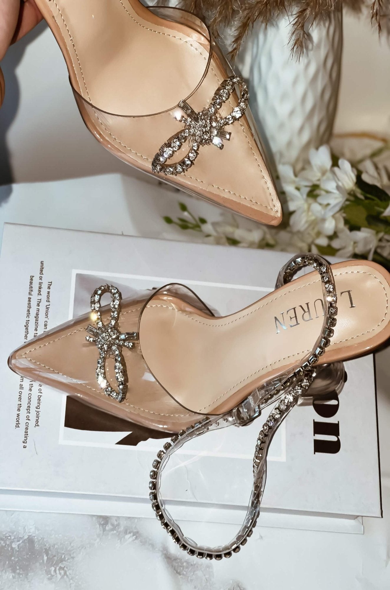 Isabella - Rhinestone Strap Heels with Clear Detailing