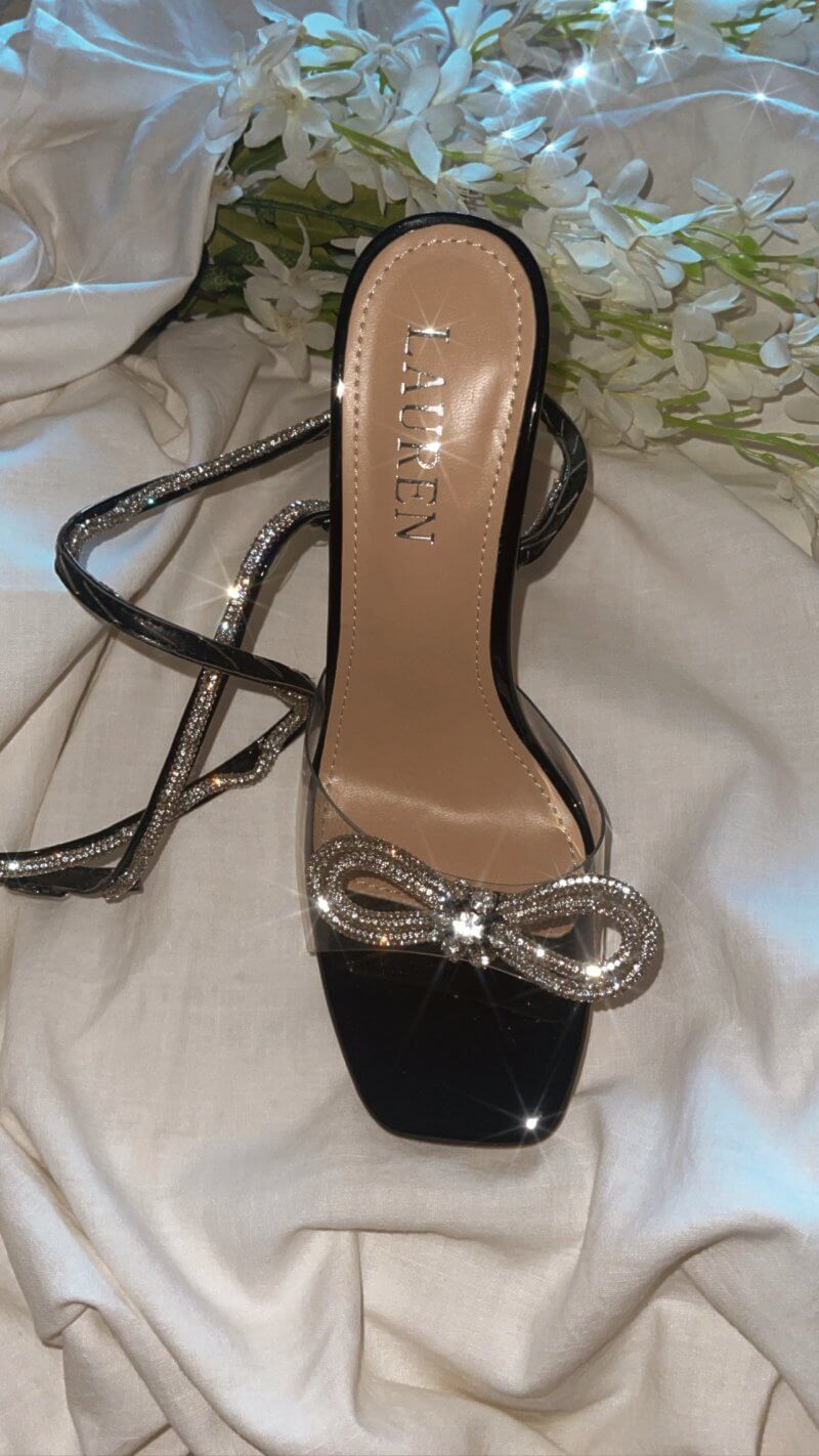 Queenie Black Rhinestone Clear Heel Sandals